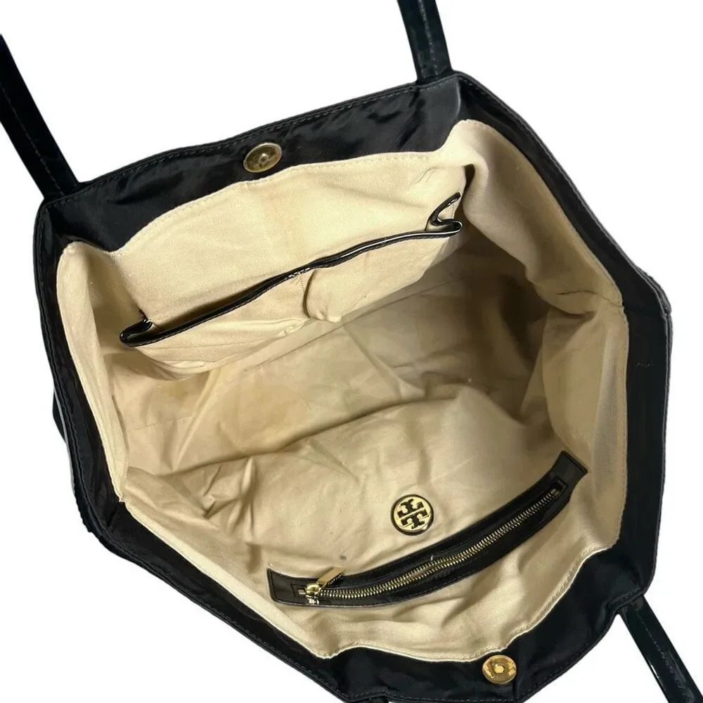 Tory Burch Black Patent Leather & Nylon Ella Tote Bag